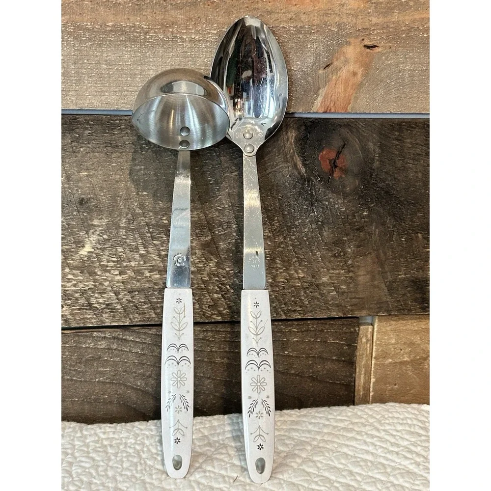 Vtg Lot Of 2 Ekco Flint Utensils‎ Serving Soup Ladle & Solid Spoon Cooking Wheat